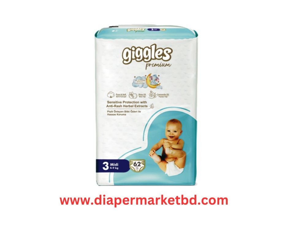 Giggles Premium Extra Absorbent Baby Diaper Midi (5-9)kg 62 pcs